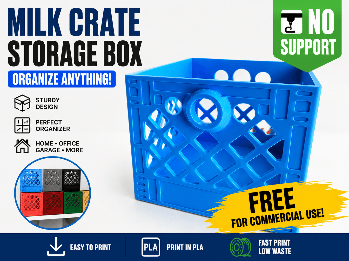 Blue Half-Gallon Mini Milk Crate 3D-printed storage box